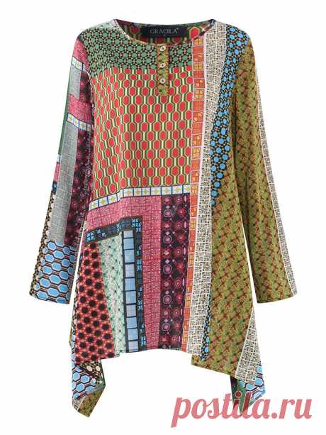 Printed Vintage Women O-neck Loose Blouses Cheap - NewChic