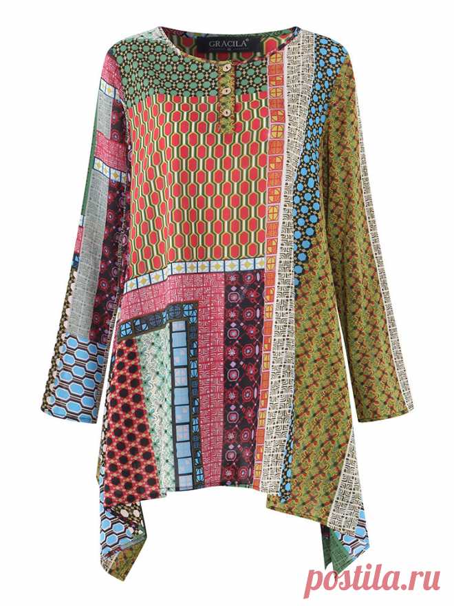 Printed Vintage Women O-neck Loose Blouses Cheap - NewChic