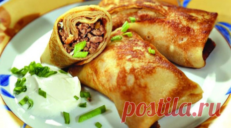 Блинчики с мясом — самые вкусные рецепты выпечки Блины с мясом, самые сытные. Блинчики с мясным фаршем, фаршированные мясом индейки, из варёной говядины с луком, с курицей, со свининой. Все очень вкусные!