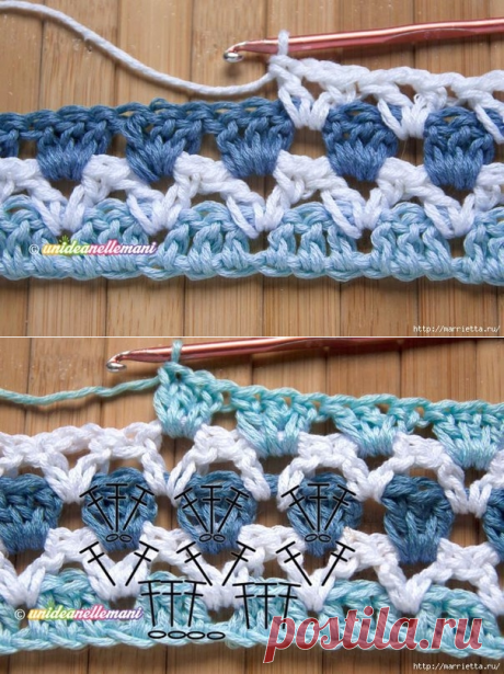 Трехцветный узор крючком для детского пледа
