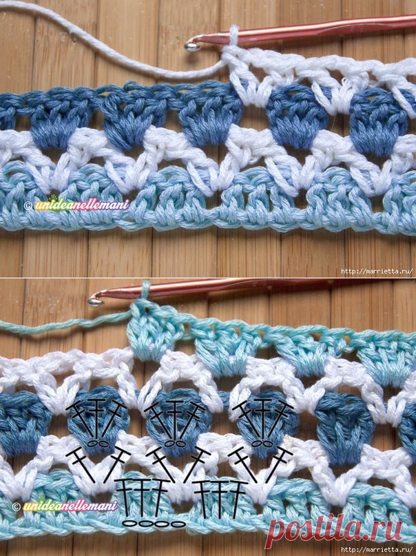 Трехцветный узор крючком для детского пледа