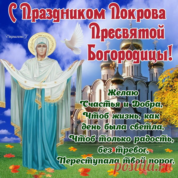 Со светлым праздником, с Покровом!
Пусть Божья Мать тебя хранит,
От бед и горестей укроет
И счастьем путь твой озарит.