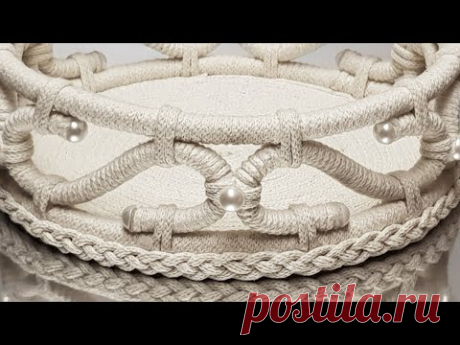 Красивая идея ажурной корзинки своими руками из шнура и ТВ-кабеля.