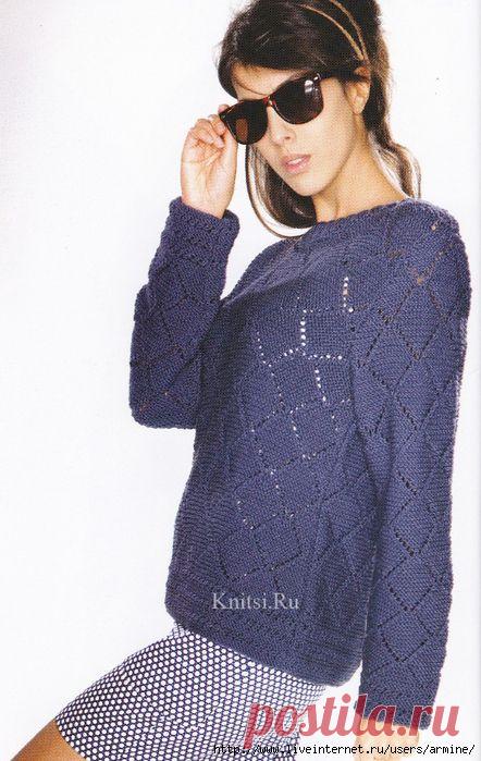 Пуловер с ажурными ромбами