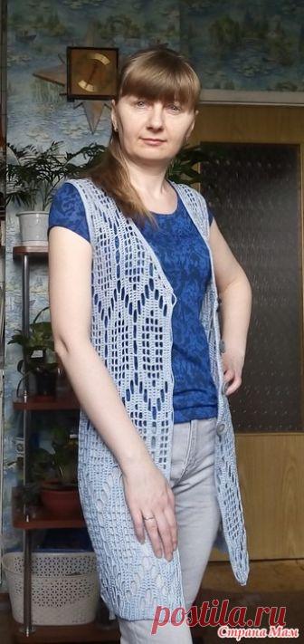 . Длинная жилетка, поперечное вязание крючком ромбы Пряжа Нарцисс им Кирова 100г 395м, цвет св серый, расход- 200г.