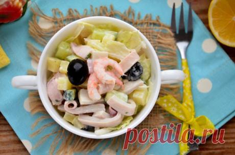 Салат с кальмарами, овощами и маслинами: рецепт с фото