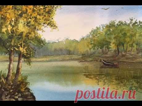 Урок3- АКВАРЕЛЬ. Берег реки, деревья,отражения. №3-River in watercolor. Trees, water, reflections, - YouTube