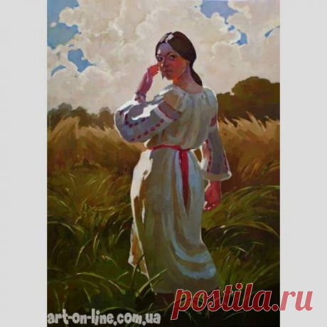 Картина В поле - Жанровая живопись  - Ярошевич Анастасия (живопись) Картина В поле -  Молодая девушка в украинском национальном костюме, на фоне поля пшеницы.