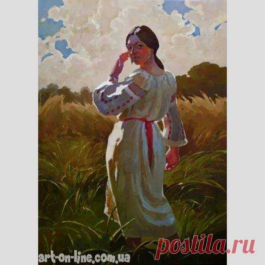 Картина В поле - Жанровая живопись  - Ярошевич Анастасия (живопись) Картина В поле -  Молодая девушка в украинском национальном костюме, на фоне поля пшеницы.