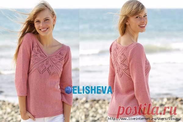 Джемпер с узорами на груди и спине от Drops Design вязаный спицами