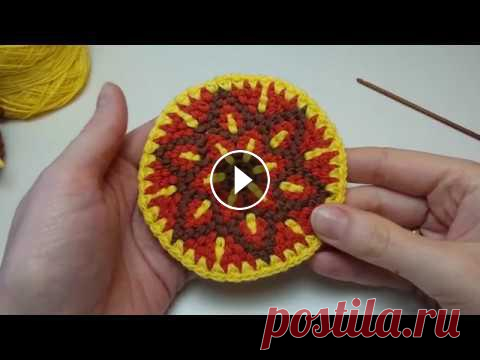 Жаккард крючком по кругу в технике Bricks crochet Вяжем круглый мотив в технике жаккарда крючком - Bricks crochet. Ссылка на файл со схемой и описанием: https://drive.google.com/file/d/1YwcRfnY_1su8Ai...