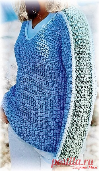 Пуловер с цельновязанными рукавами в стиле спорт-шик. Спицы. Размеры: 42/44 (46/48) 50/52.  Необходимые материалы: 550 (550) 600 г. голубой, 100 (100) 150 г. мятной и 50 г.