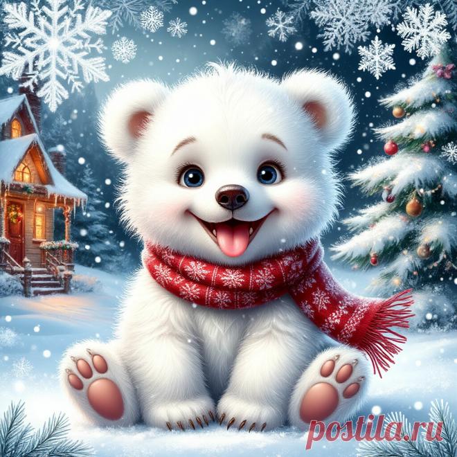 белый фон, белое на белом фоне, филигрань, дисней, пушистый улыбающийся белый медвежонок, шарчик, высунувший язык, смотрящий на снежинки, рождественская елка возле дома, снежинки, мороз, иллюстрации, фэнтези, сказки, стиль гонда, пушистый узор