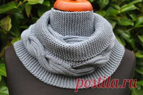 Шарф-снуд Millwater - Эфария  Пряжа: 5 моточков Lang Yarns Merino+ Superwash 100% мерино, 90 м/50 г. Спицы 5,0. Набрать на бросовую нить 54 п. (т.е. открытый набор) . 1-й р.: провязать 10 п. платочной вязкой (= вязать только лиц.петлями), *2 лиц.п., 2 изн.п.**, повторить *…** 6 раз, 20 п. платочной вязкой ( прим.: кром.п. уже включены в узор, провязывать