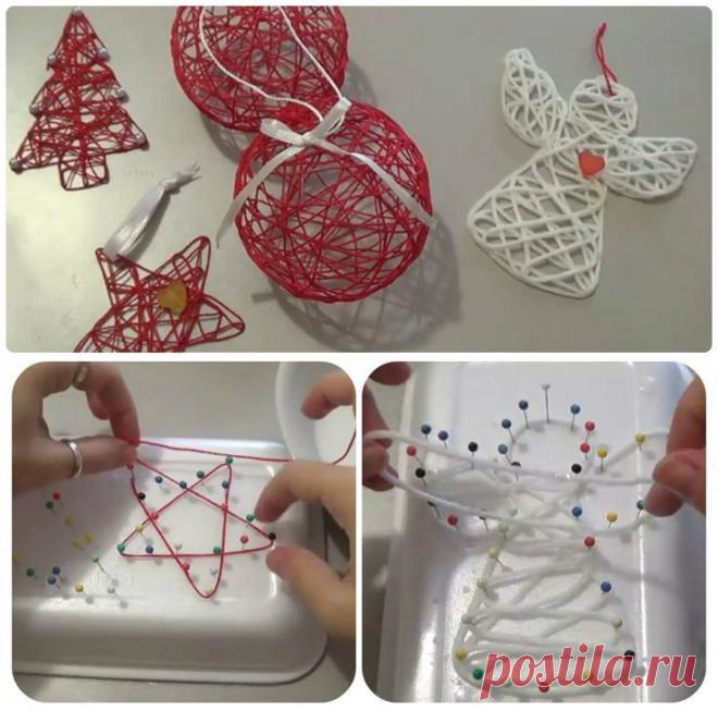 Делаем рождественские фигурки с помощью булавок, пенопластовой тарелки и клея.