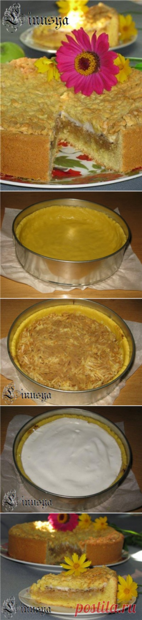 Яблочный пирог с посыпкой. 2 яичных желтка 
150 гр. сливочного масла 
150 гр. сахара 
100 гр. сметаны 
1 ч.л. разрыхлителя 
щ. соли 
350-400 гр. муки 

500 гр. яблок 

для безе: 

2 яичных белка 
150-200 гр. сахара