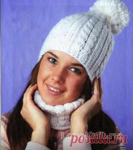 Шапочка с большим помпоном и манишка схема спицами » Люблю Вязать