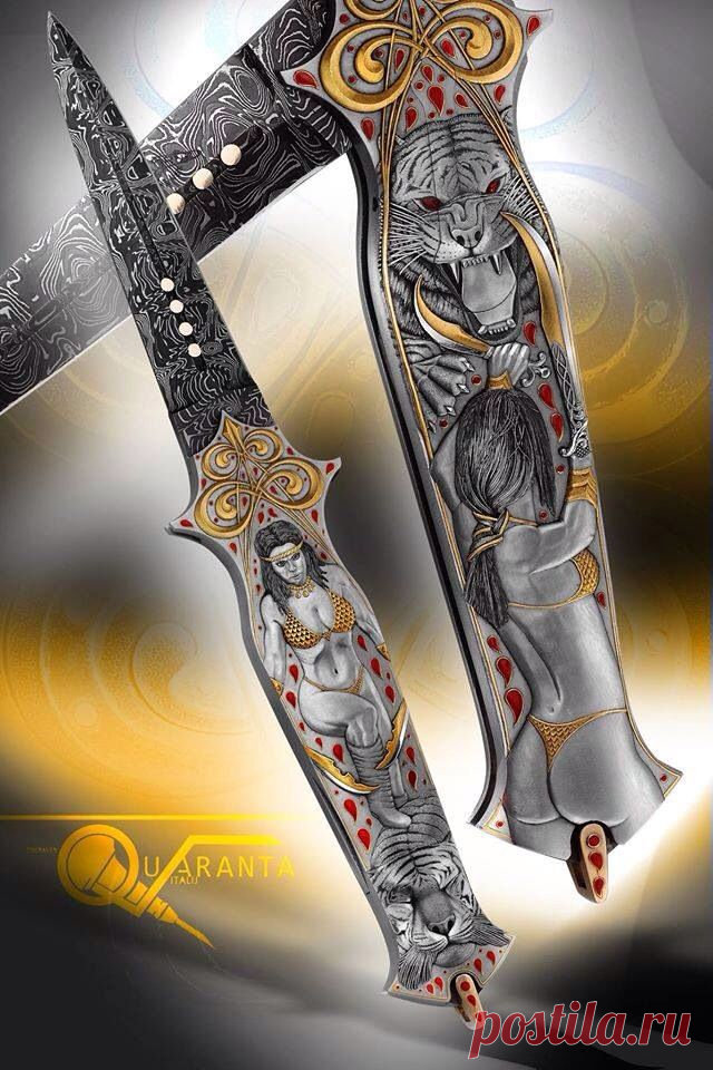 Нож складной. Дамасская сталь. Гравировка булино. Всечка золотом. Эмаль.