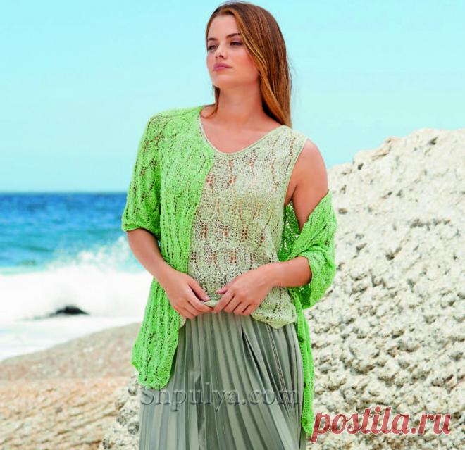 Роскошный летний жакет с короткими рукавами реглан и широким вырезом горловины в комплекте с топом связаны спицами тончайшим ажурным узором из легкой хлопково-вискозной пряжи.