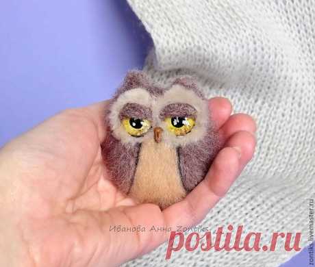 Купить Сова &quot;Соня&quot; Брошь из шерсти - коричневый, совы, сова, совенок, совята, брошь сова