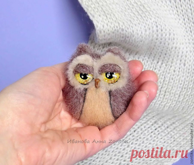 Купить Сова "Соня" Брошь из шерсти - коричневый, совы, сова, совенок, совята, брошь сова