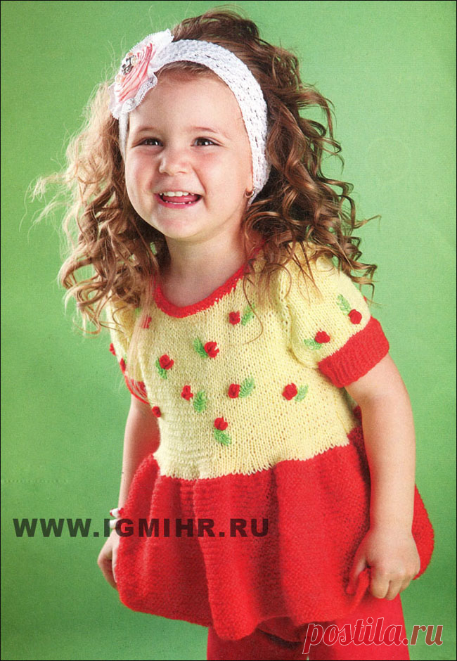 Туника с розочками для малышки 3 лет. Спицы