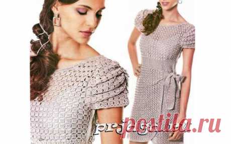 Платье с рукавом-фонарик. Крючком. Схема Вязаное крючком платье с рукавом-фонарик, полочки в запах, украшенный бантом. Схема-выкройка