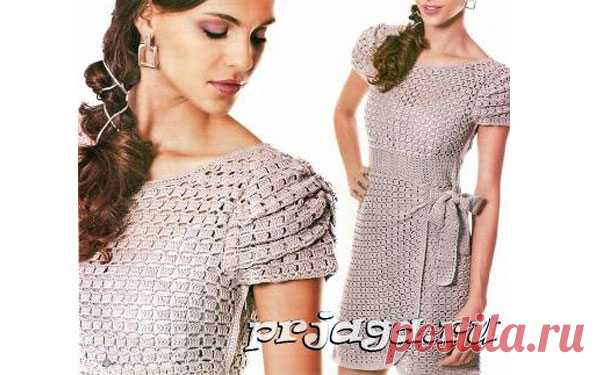 Платье с рукавом-фонарик. Крючком. Схема Вязаное крючком платье с рукавом-фонарик, полочки в запах, украшенный бантом. Схема-выкройка