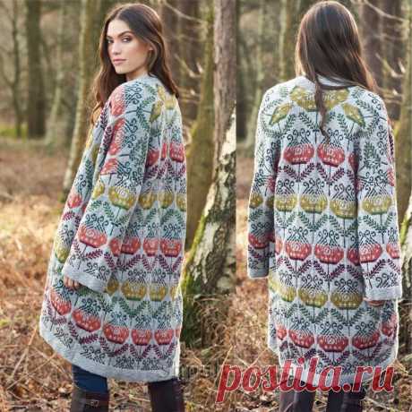 Пальто с жаккардовыми узорами Moonflower — Shpulya.com - схемы с описанием для вязания спицами и крючком