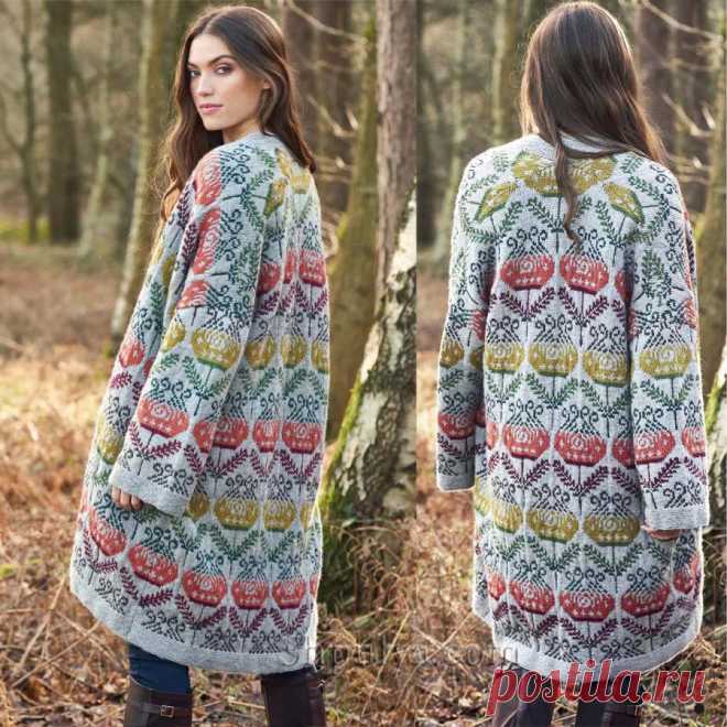 Пальто с жаккардовыми узорами Moonflower — Shpulya.com - схемы с описанием для вязания спицами и крючком