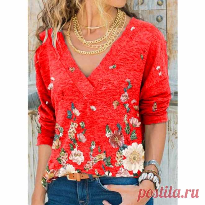 Мода женщин случайные V-образный вырез длинный рукав футболку Chemise Femme Хлопок Печатание блузки плюс размер Топы – купить по низким ценам в интернет-магазине Joom