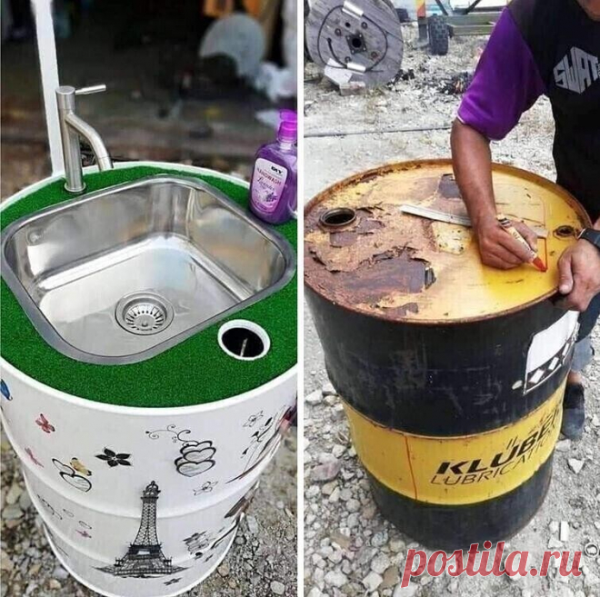 Старая бочка стала новой раковиной