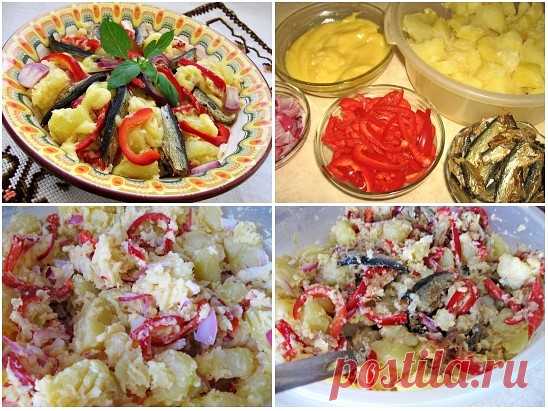 Картофельный салат со шпротами 

Замечательный рецепт приготовления картофельного салата со шпротами, репчатым луком, сладким перцем и майонезом.