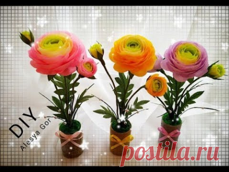 Ранункулюсы  в вазе из джута, цветы из гофрированной бумаги  DIY Ranunculus in a jute vase