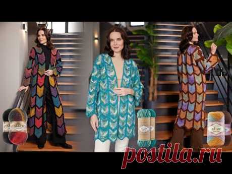 Кардиган с мотивом крючком и Alize Angora Gold