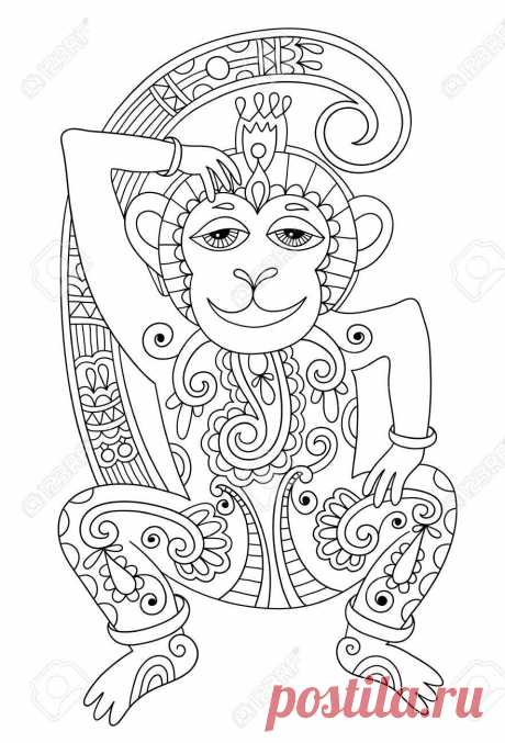 Line Art Drawing Of Ethnic Monkey In Decorative Ukrainian Style, Black And White Vector Illustration Ilustraciones Vectoriales, Clip Art Vectorizado Libre De Derechos. Image 41283837.