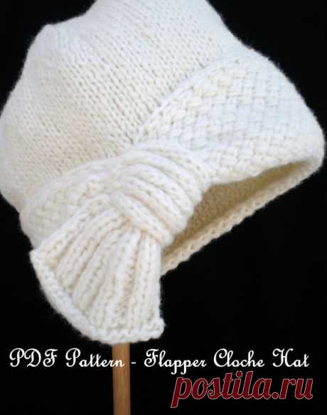 PDF Knit Hat Pattern - Flapper Cloche Hat You can knit this haute cloche hat yourself. The main attraction is the crisscross stitch pattern band ending with a decorative “fan” to capture your eye. You can wear the fan near your ears or down lower by your neck, near your nape.  Please Note: This listing is for a PDF Pattern and not the actual hat. If you wish to purchase the actual hat, please go to the hat section in my flagship shop. https://www.etsy.com/shop/ohmay?section...