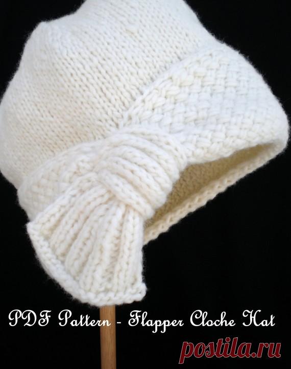 PDF Knit Hat Pattern - Flapper Cloche Hat You can knit this haute cloche hat yourself. The main attraction is the crisscross stitch pattern band ending with a decorative “fan” to capture your eye. You can wear the fan near your ears or down lower by your neck, near your nape.  Please Note: This listing is for a PDF Pattern and not the actual hat. If you wish to purchase the actual hat, please go to the hat section in my flagship shop. http://www.etsy.com/shop/ohmay?section...
