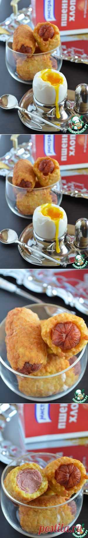 Сосиски в хрустящей шубке из пшенных хлопьев - кулинарный рецепт