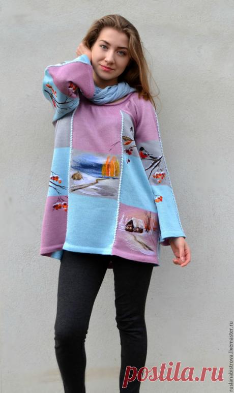 Купить &quot; Зима. Коллаж.&quot; - розовый, рисунок, голубой, серый, снегирь, синички