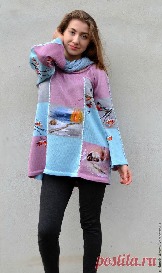 Купить " Зима. Коллаж." - розовый, рисунок, голубой, серый, снегирь, синички