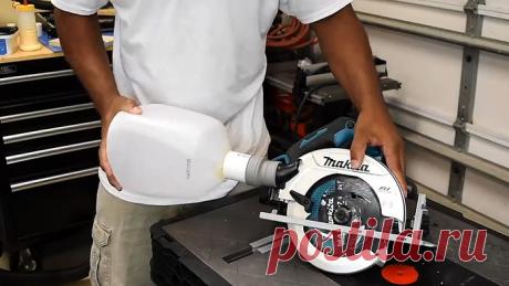 Пылесборник из канистры Практически у каждой циркулярной пилы есть выходной патрубок для выброса стружки при работе. Обычно к нему подключается заборник от специализированного