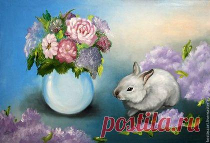 Кролик в сирени - разноцветный,кролик,сирень,ваза с цветами,заяц,картина.
Автор http://www.livemaster.ru/kostinaart
