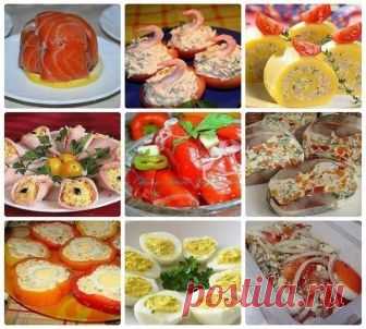 Бесподобные закуски для праздничного стола!!! 
1. Закусочка вкусная. 
Ингредиенты: 
Свежие помидоры - 0,5 кг. или 4 средние 
Лук репчатый - 1 головка 
Для маринада: 
4 ложки растительного масла 
2 ст. л. лимонного сока 
1 ч. ложка сушеного базилика 
1 ч. ложка меда 
3 зубчика чеснока 
на кончике ножа - соль. 
Красный молотый перец(я взяла 1 маленький засушенный стручок) 
Приготовление: 
Помидоры нарезать кружочками, лук - полукольцами 
Приготовить маринад - чеснок мелко из...