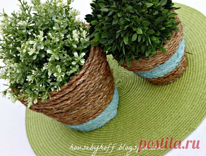 Украшаем скучные цветочные горшки: из джута, шпагата и веревки