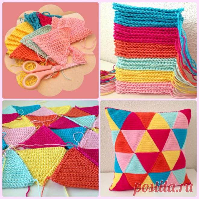 Идея для утилизации остатков Чехол для подушки из разноцветных треугольников Конкурс 