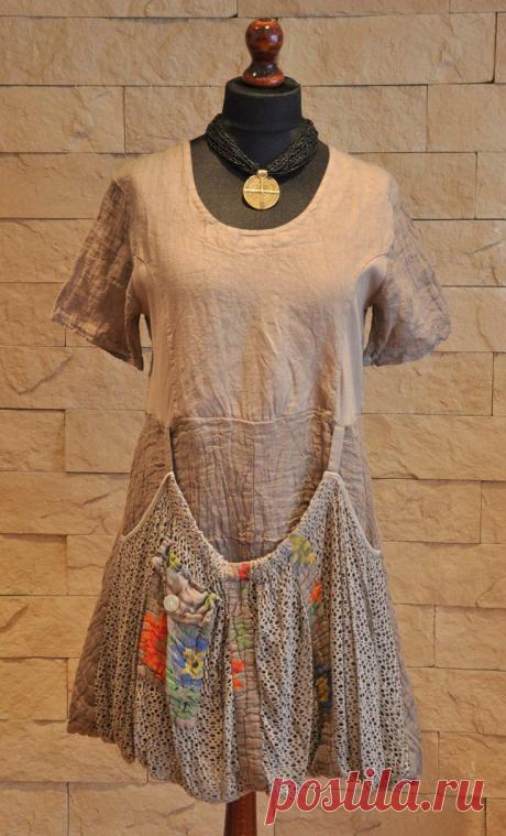 SARAH SANTOS Lagenlook Tunic-Dress 100%LINEN Mocha Size Avaiable M