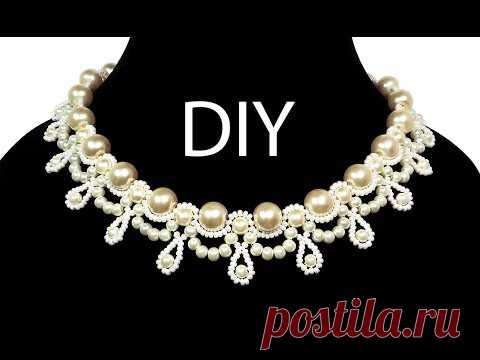 Jewelry ❤ DIY: beaded wedding vintage necklace with pearls / Свадебное колье из бисера 