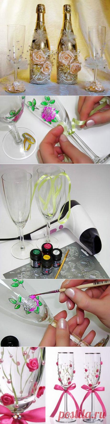 УКРАШЕНИЕ СВАДЕБНЫХ БОКАЛОВ ДЛЯ ШАМПАНСКОГО. Украшение бокалов своими руками. Пошаговые фото