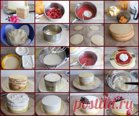 Тесто:
Яйца - 1 шт.
Яичные желтки - 1 шт.
Сахар - 150 гр
Сливочное масло - 300 гр
Мука - 600 гр
Сода пищевая - 1 чайн.л.
Соль -  по вкусу

Крем:
Творог - 500 гр
Сгущенное молоко - 200 гр
Маскарпоне - 250 гр

Джем:
Клубника - 240 гр
Сахар - 60 гр
Пектин - 1 чайн.л.

Крем чиз:
Маскарпоне - 250 гр
Сливки - 250 гр
Сахарная пудра - 5 стол.л.